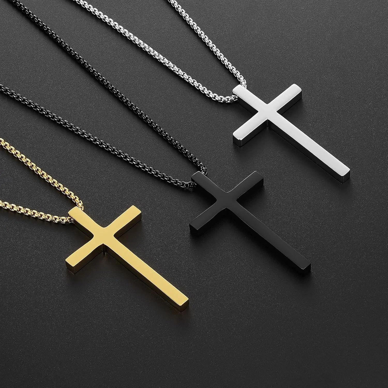 Cross Necklace for Men, Stainless Steel Pendant Box Chain Jewelry, Christmas Stocking Stuffers, Christian Baptism Birthday Boys Ideas Gifts