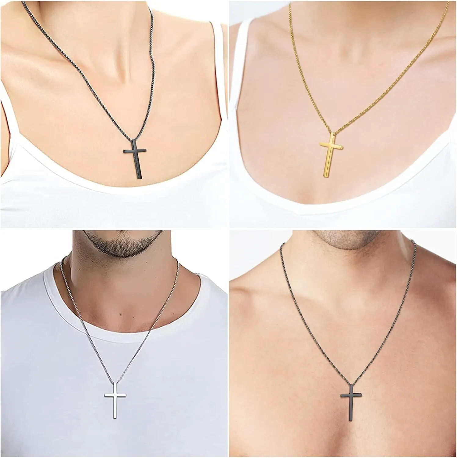 Cross Necklace for Men, Stainless Steel Pendant Box Chain Jewelry, Christmas Stocking Stuffers, Christian Baptism Birthday Boys Ideas Gifts