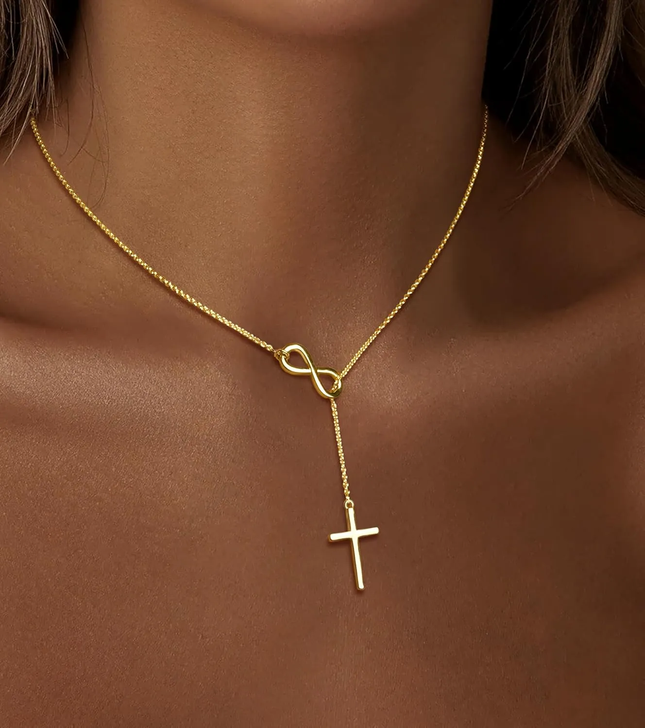 Cross Necklace for Women 14K Gold/Silver Plated Dainty Infinity Long Pendant Charm Necklace Trendy Non Tarnish Waterproof Jewelry Simple Religious Christian Baptism Faith Jewelry Gifts