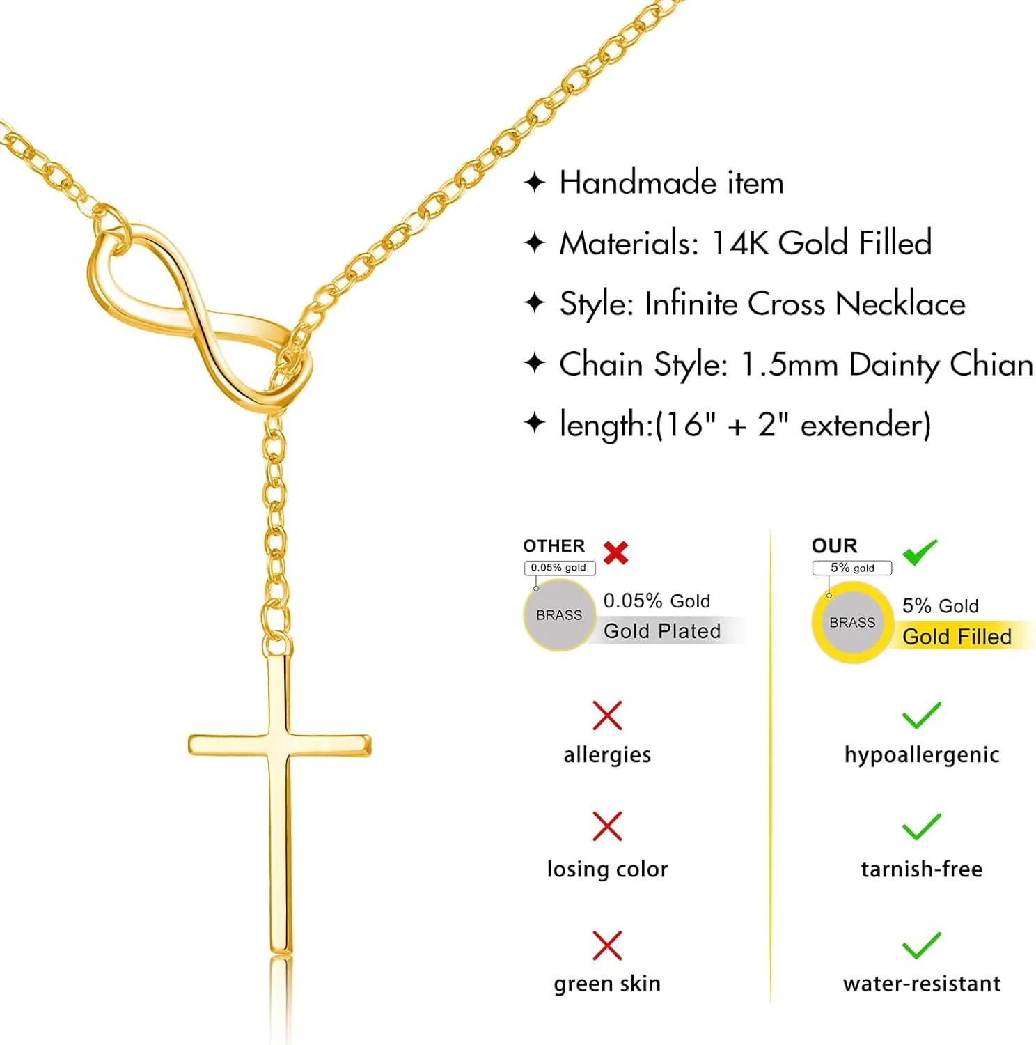 Cross Necklace for Women 14K Gold/Silver Plated Dainty Infinity Long Pendant Charm Necklace Trendy Non Tarnish Waterproof Jewelry Simple Religious Christian Baptism Faith Jewelry Gifts