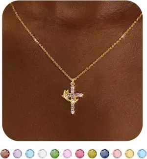 Cross Necklace for Women, Dainty Cross Necklace with Crown Trendy 14K Gold Plated Cubic Zirconia Pendant Necklaces Simple Cute Necklaces Women Jewelry
