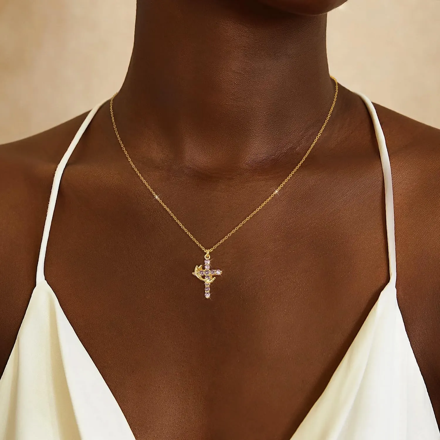 Cross Necklace for Women, Dainty Cross Necklace with Crown Trendy 14K Gold Plated Cubic Zirconia Pendant Necklaces Simple Cute Necklaces Women Jewelry