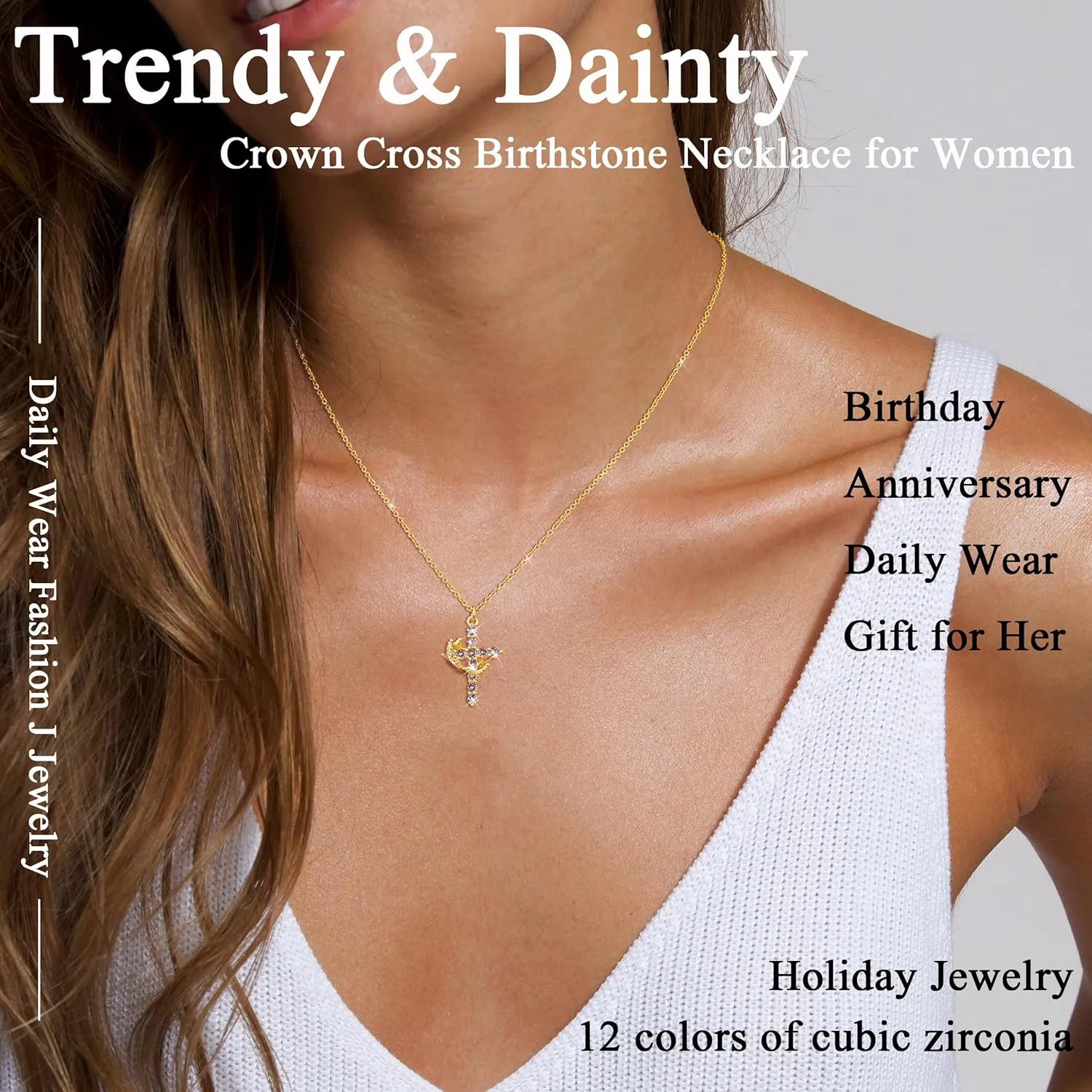 Cross Necklace for Women, Dainty Cross Necklace with Crown Trendy 14K Gold Plated Cubic Zirconia Pendant Necklaces Simple Cute Necklaces Women Jewelry