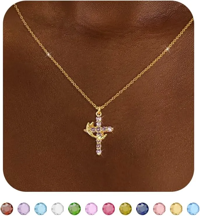 Cross Necklace for Women, Dainty Cross Necklace with Crown Trendy 14K Gold Plated Cubic Zirconia Pendant Necklaces Simple Cute Necklaces Women Jewelry