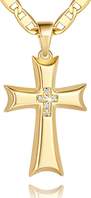Cross Necklace Gold Cross Necklaces for Women Cubic Zirconia 14K Gold Necklace Pendant for Women Mariner Chain Ribbon-Edge 48cm Womens Necklaces 24mm
