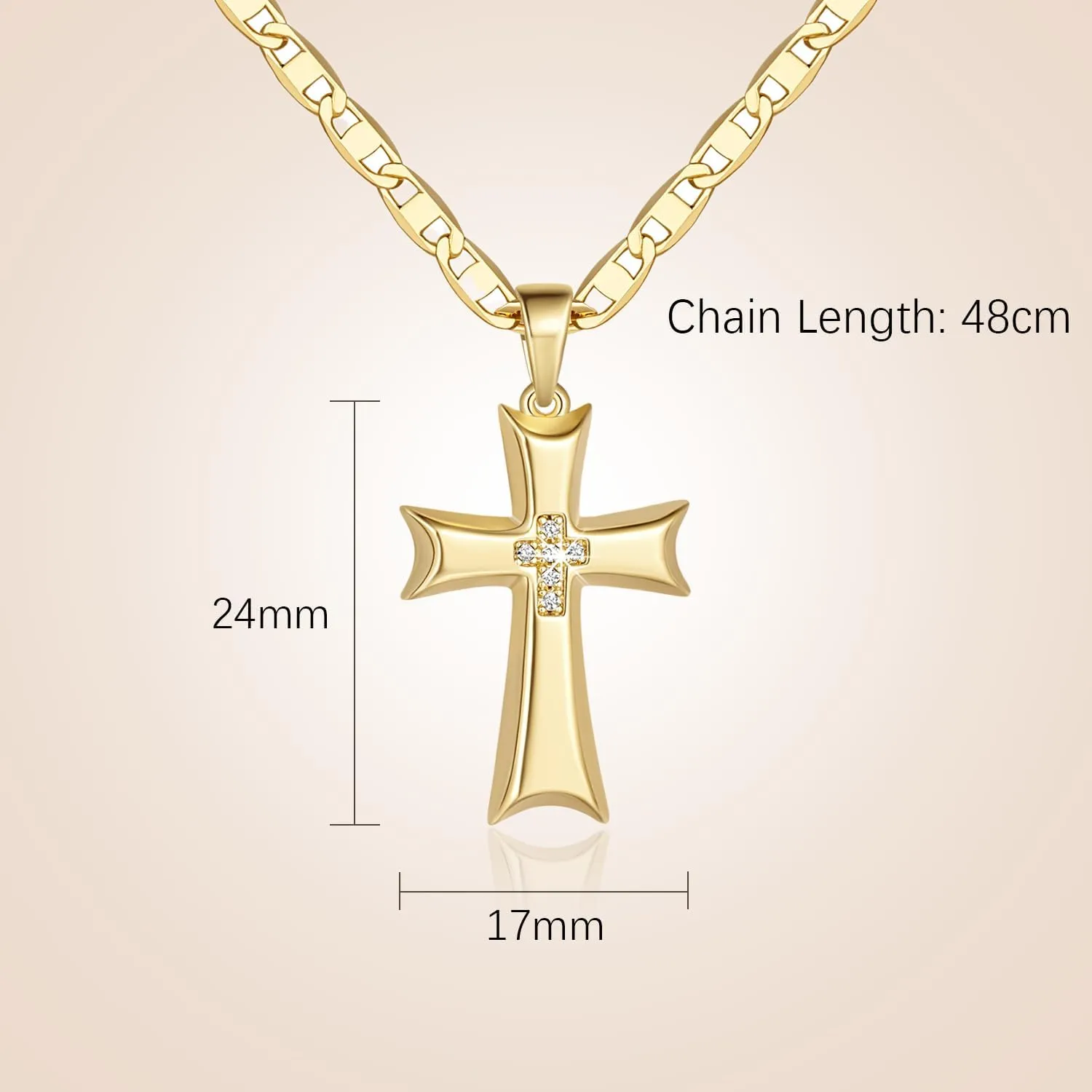 Cross Necklace Gold Cross Necklaces for Women Cubic Zirconia 14K Gold Necklace Pendant for Women Mariner Chain Ribbon-Edge 48cm Womens Necklaces 24mm