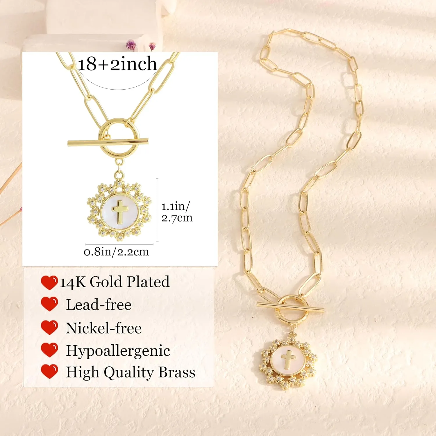 Cross Necklaces for Women 14k Gold Plated Paperclip Chain Charm Toggle Clasp Medallion Coin Cubic Zirconia Cross Pendant Fritillaria Moon Pearl Crucifix Cross Necklaces Gift Trendy Jewelry