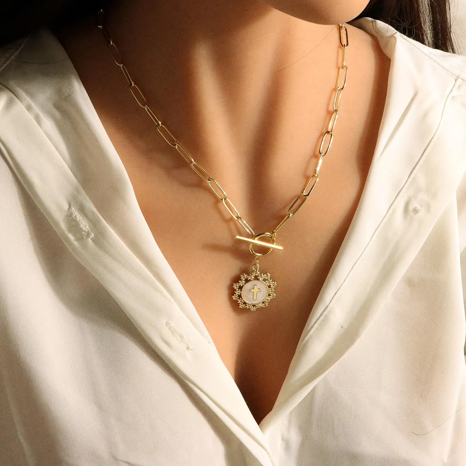 Cross Necklaces for Women 14k Gold Plated Paperclip Chain Charm Toggle Clasp Medallion Coin Cubic Zirconia Cross Pendant Fritillaria Moon Pearl Crucifix Cross Necklaces Gift Trendy Jewelry