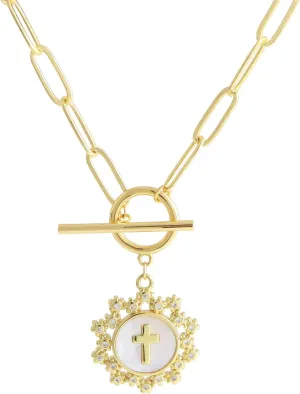 Cross Necklaces for Women 14k Gold Plated Paperclip Chain Charm Toggle Clasp Medallion Coin Cubic Zirconia Cross Pendant Fritillaria Moon Pearl Crucifix Cross Necklaces Gift Trendy Jewelry