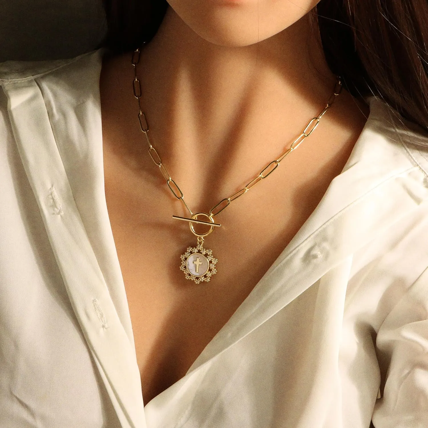 Cross Necklaces for Women 14k Gold Plated Paperclip Chain Charm Toggle Clasp Medallion Coin Cubic Zirconia Cross Pendant Fritillaria Moon Pearl Crucifix Cross Necklaces Gift Trendy Jewelry