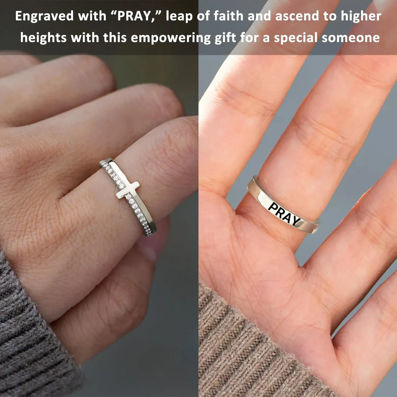 Cross Ring for Women, Pray On It Golden Cross Rings With Engrave Pray, Stackable Zirconia Christian Religious Jewelry Gift for Her