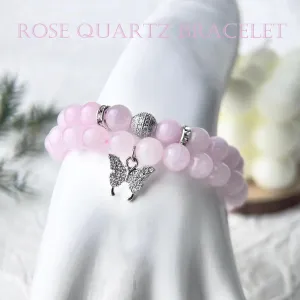 Crystal Bracelet - Healing Rose Quartz Bracelet - Butterfly Bracelets for Women - 8mm Natural Stone Beads Chakra Bracelets Couple Bracelets Friendship Bracelet (Rose Quartz, Butterfly)