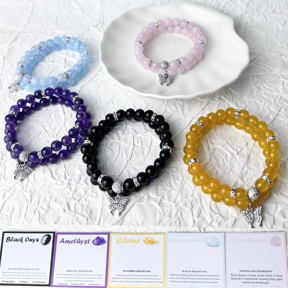 Crystal Bracelet - Healing Rose Quartz Bracelet - Butterfly Bracelets for Women - 8mm Natural Stone Beads Chakra Bracelets Couple Bracelets Friendship Bracelet (Rose Quartz, Butterfly)