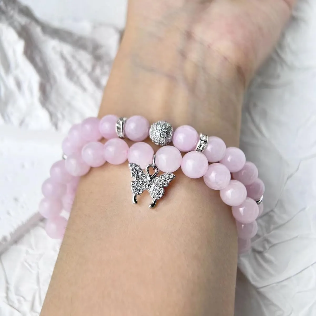 Crystal Bracelet - Healing Rose Quartz Bracelet - Butterfly Bracelets for Women - 8mm Natural Stone Beads Chakra Bracelets Couple Bracelets Friendship Bracelet (Rose Quartz, Butterfly)