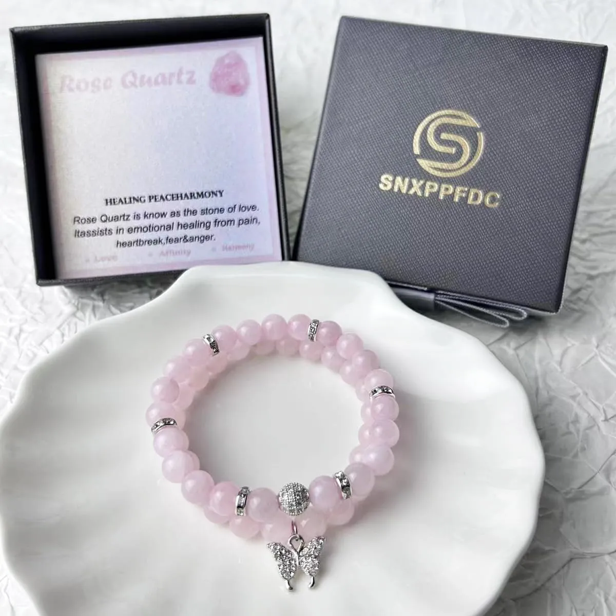 Crystal Bracelet - Healing Rose Quartz Bracelet - Butterfly Bracelets for Women - 8mm Natural Stone Beads Chakra Bracelets Couple Bracelets Friendship Bracelet (Rose Quartz, Butterfly)