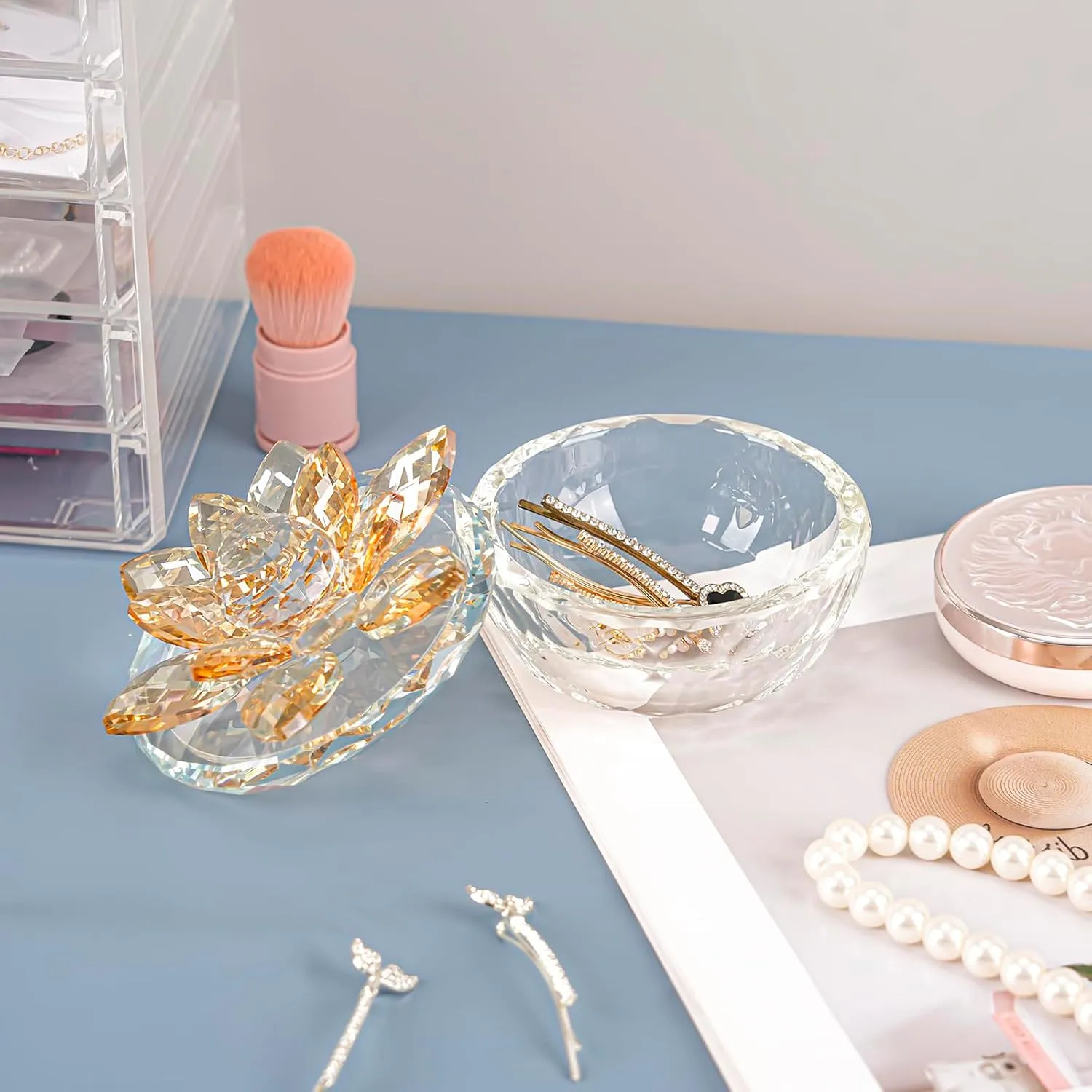 Crystal Jewelry Box Lotus Glass Jewelry Trinket Box with Lid Decorative Box to Ring Earrings Necklace Storage Holder for Home Decor (Gold)