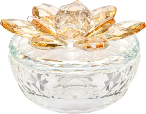 Crystal Jewelry Box Lotus Glass Jewelry Trinket Box with Lid Decorative Box to Ring Earrings Necklace Storage Holder for Home Decor (Gold)