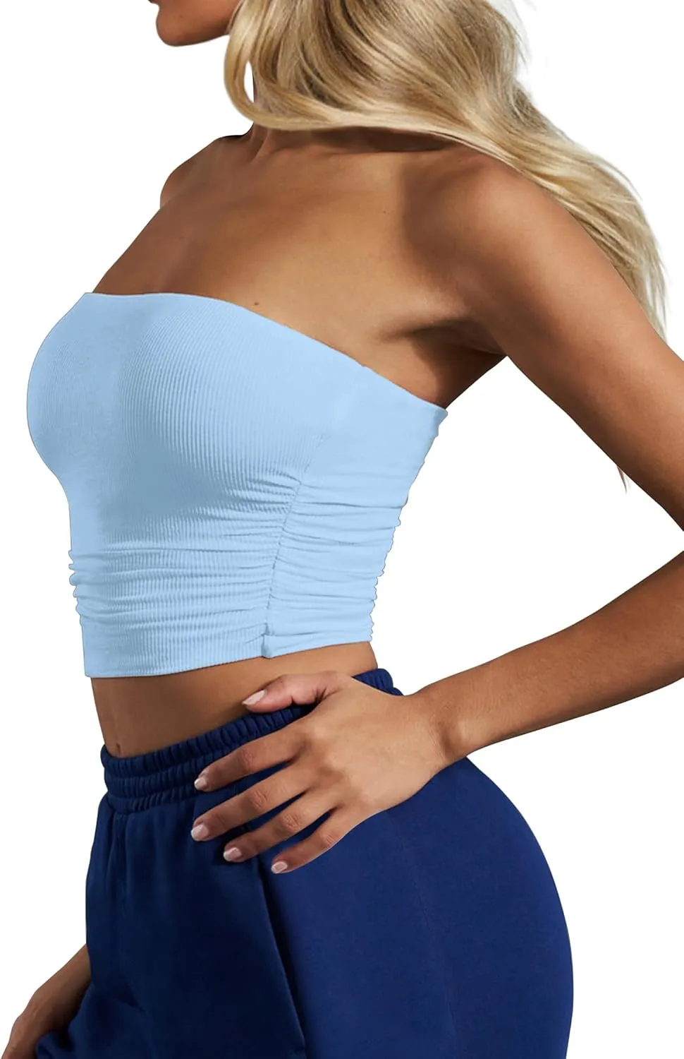 CSDAJIO Women's Casual Ruched Side Strapless Crop Tube Top Ribbed Knit Bandeau Top Summer Skinny Shirt