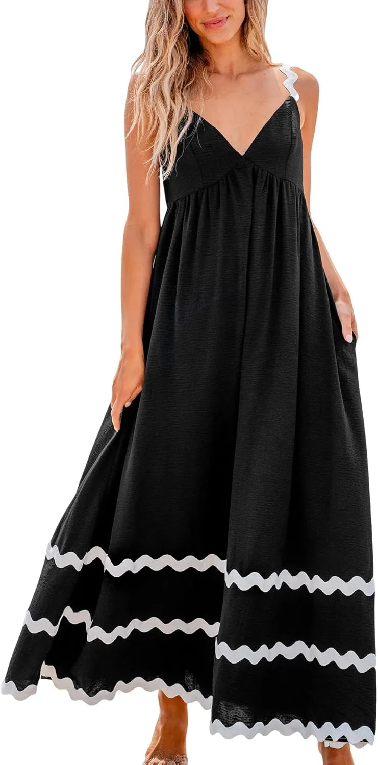 CUPSHE Women's Maxi Dress V Neck Summer Sundress Sleeveless Flowy Long Swing Hem Formal Dress with Pockets