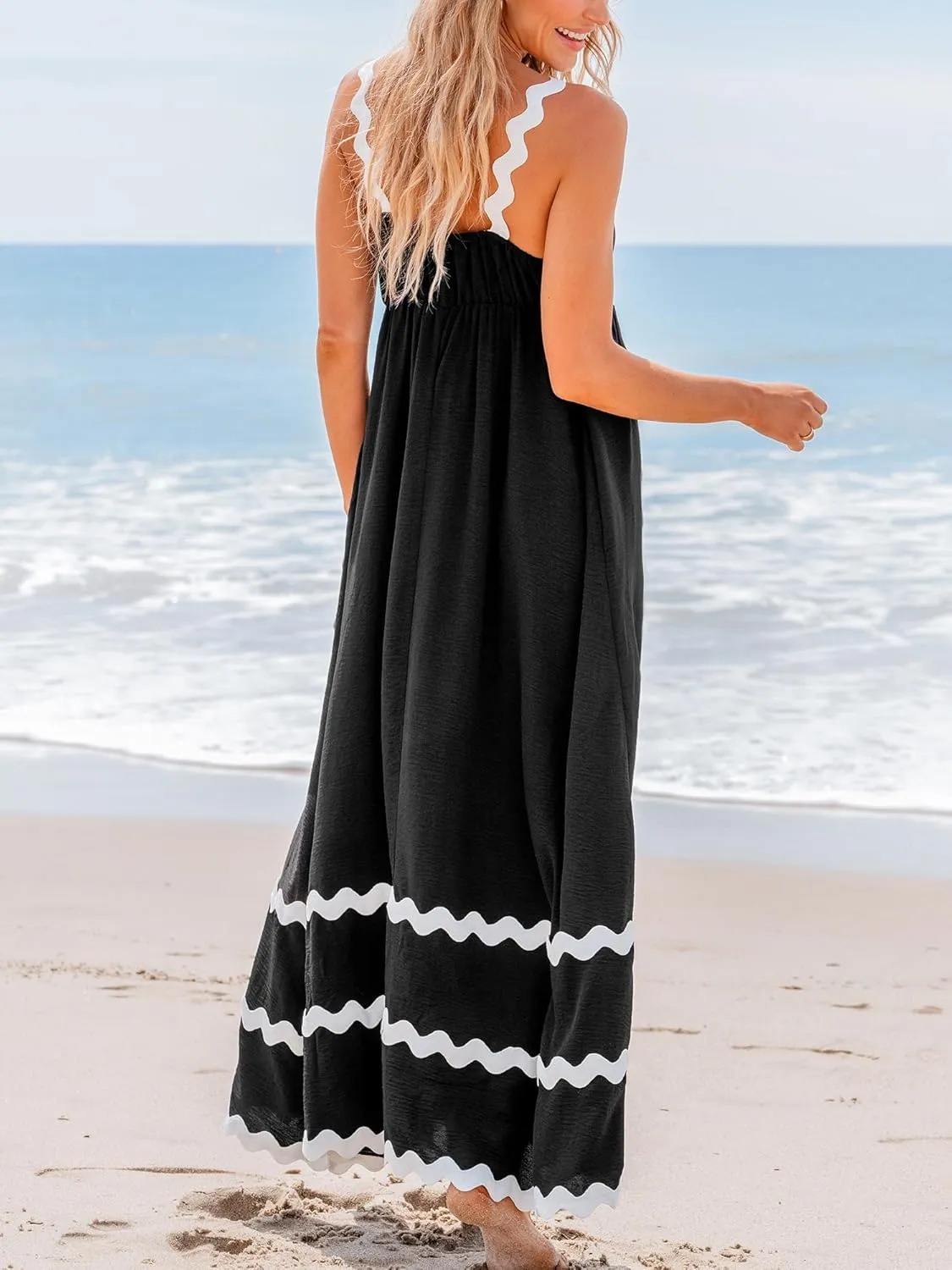 CUPSHE Women's Maxi Dress V Neck Summer Sundress Sleeveless Flowy Long Swing Hem Formal Dress with Pockets