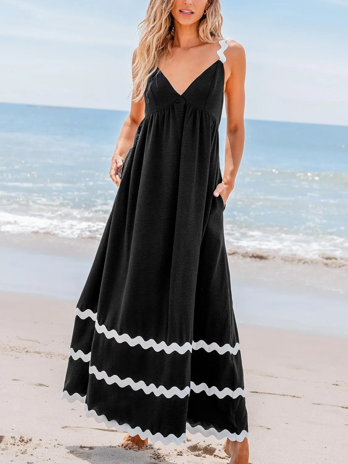 CUPSHE Women's Maxi Dress V Neck Summer Sundress Sleeveless Flowy Long Swing Hem Formal Dress with Pockets