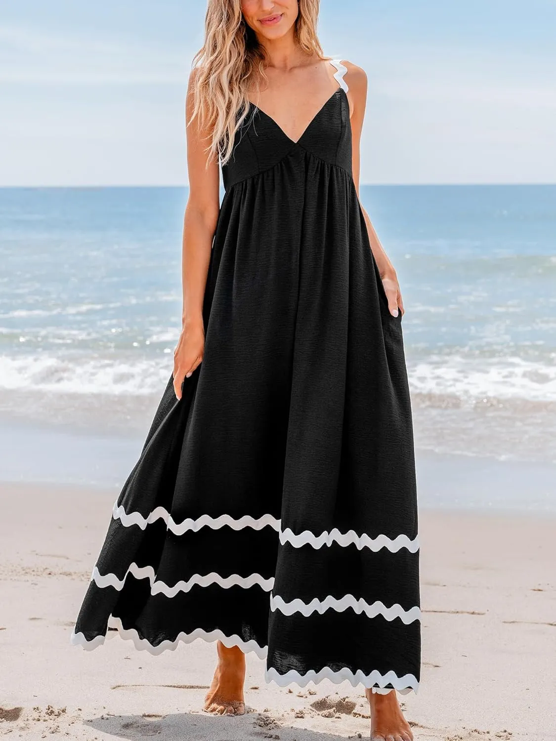 CUPSHE Women's Maxi Dress V Neck Summer Sundress Sleeveless Flowy Long Swing Hem Formal Dress with Pockets