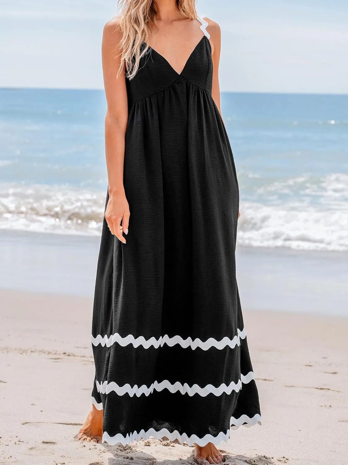 CUPSHE Women's Maxi Dress V Neck Summer Sundress Sleeveless Flowy Long Swing Hem Formal Dress with Pockets