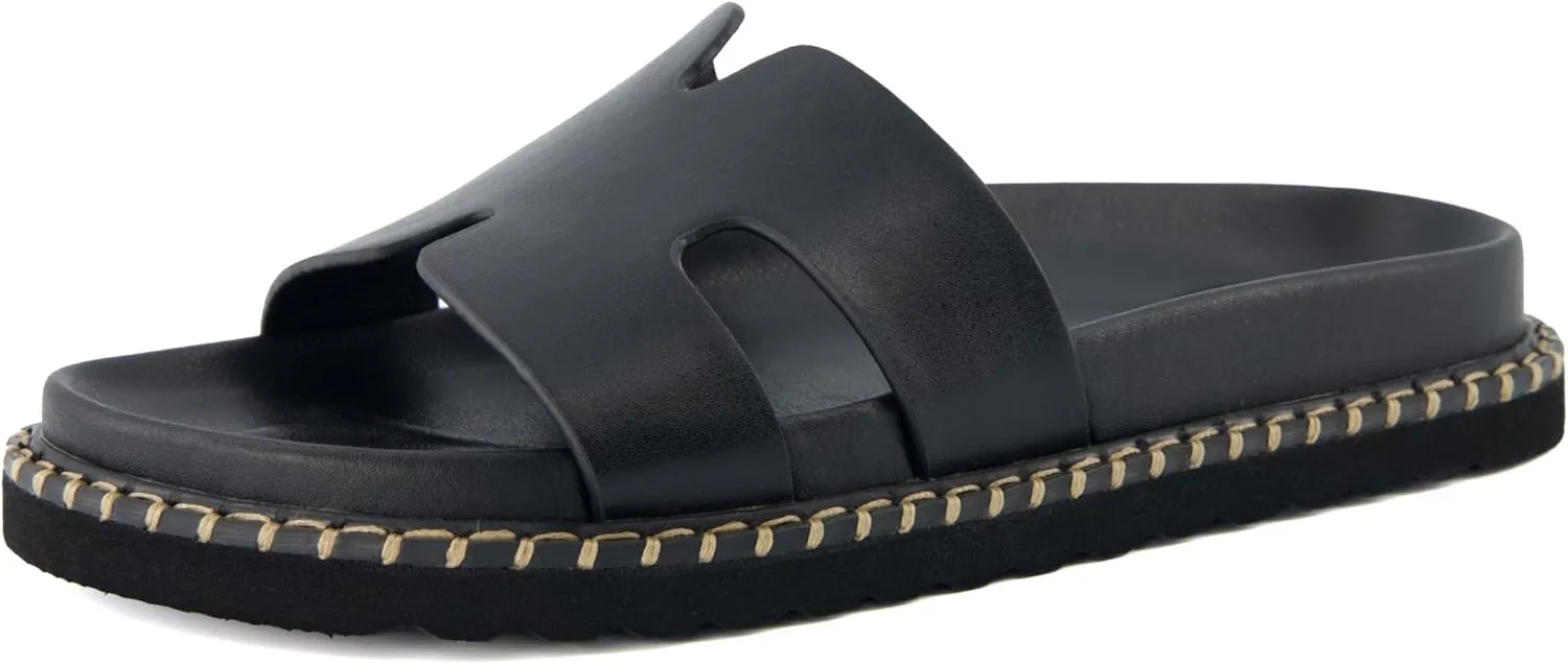 CUSHIONAIRE Crisp Women??s Slide Sandal ?C Faux Leather Cutout Slip-On with Artisan Stitching & Memory Foam, Wide Widths Available