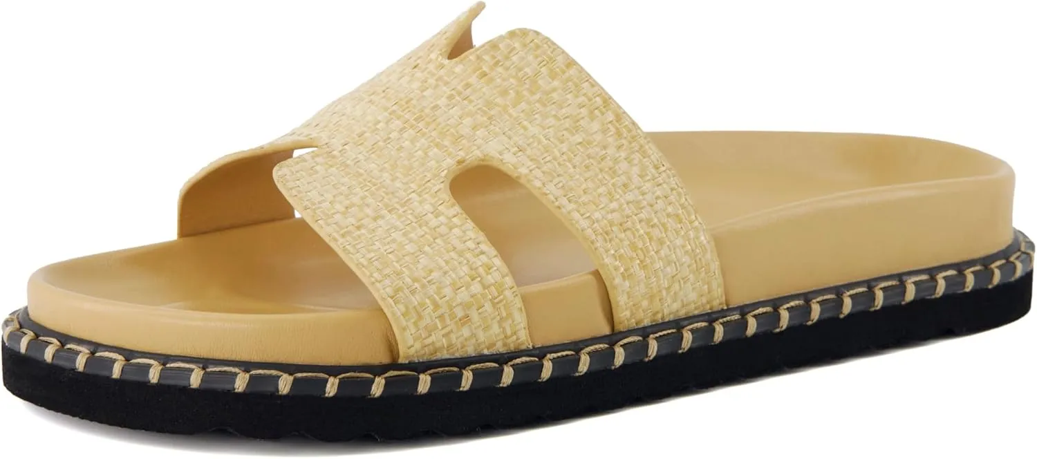CUSHIONAIRE Crisp Women??s Slide Sandal ?C Faux Leather Cutout Slip-On with Artisan Stitching & Memory Foam, Wide Widths Available