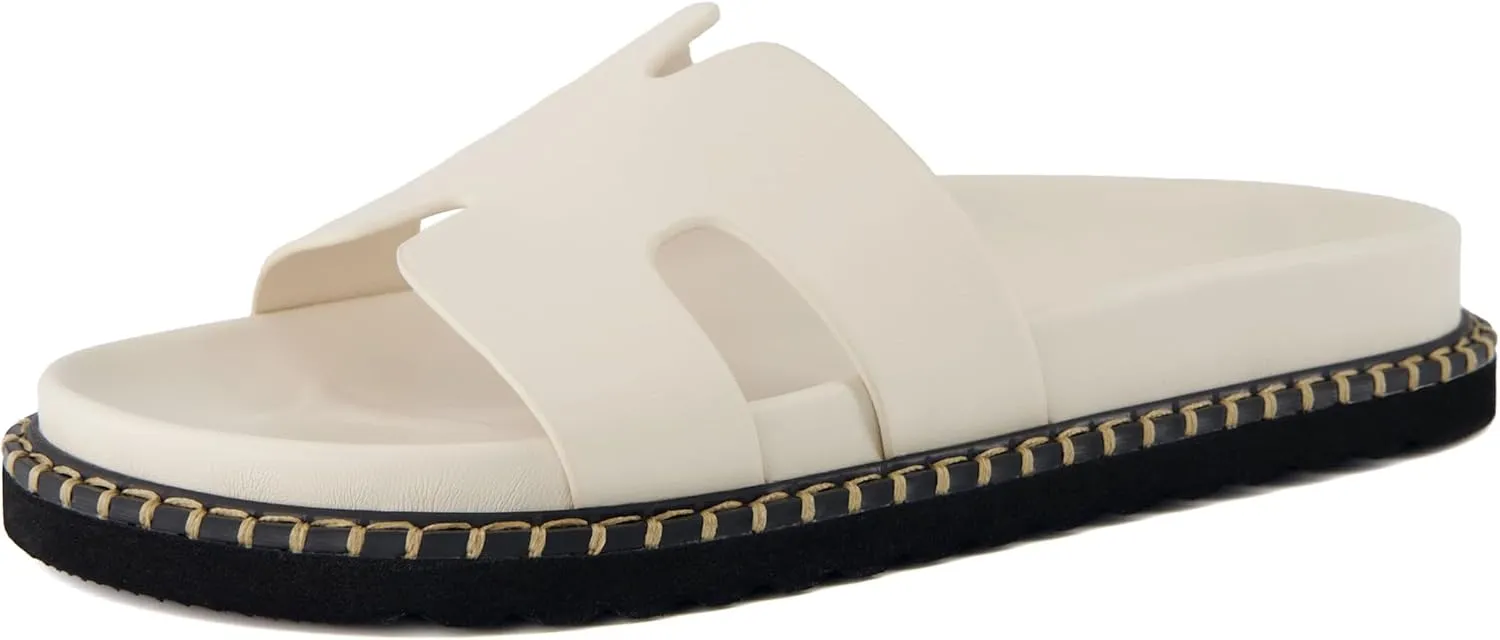 CUSHIONAIRE Crisp Women??s Slide Sandal ?C Faux Leather Cutout Slip-On with Artisan Stitching & Memory Foam, Wide Widths Available