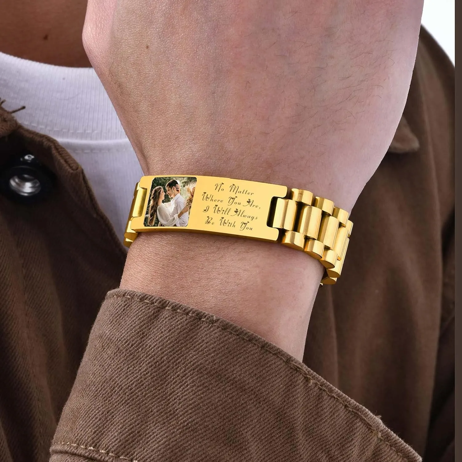 Custom Link Bracelets for Men with Picture Inside, Mens Personalized Photo ID Bracelet Stainless Steel Adjustable Engraved Watch Wristband, Memorial Valentine's Day Gifts for Him Boyfriend Husband