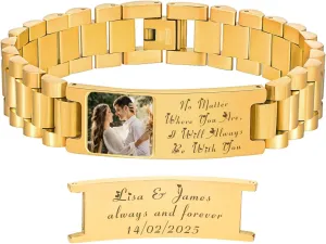 Custom Link Bracelets for Men with Picture Inside, Mens Personalized Photo ID Bracelet Stainless Steel Adjustable Engraved Watch Wristband, Memorial Valentine's Day Gifts for Him Boyfriend Husband