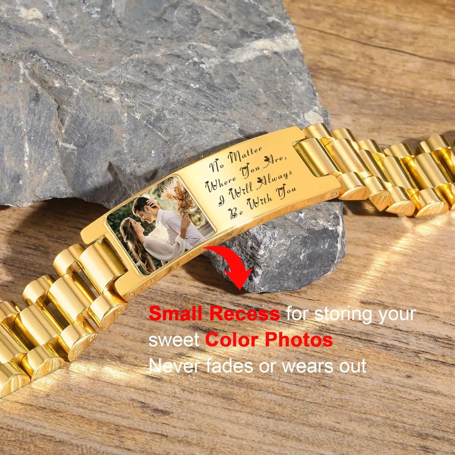 Custom Link Bracelets for Men with Picture Inside, Mens Personalized Photo ID Bracelet Stainless Steel Adjustable Engraved Watch Wristband, Memorial Valentine's Day Gifts for Him Boyfriend Husband