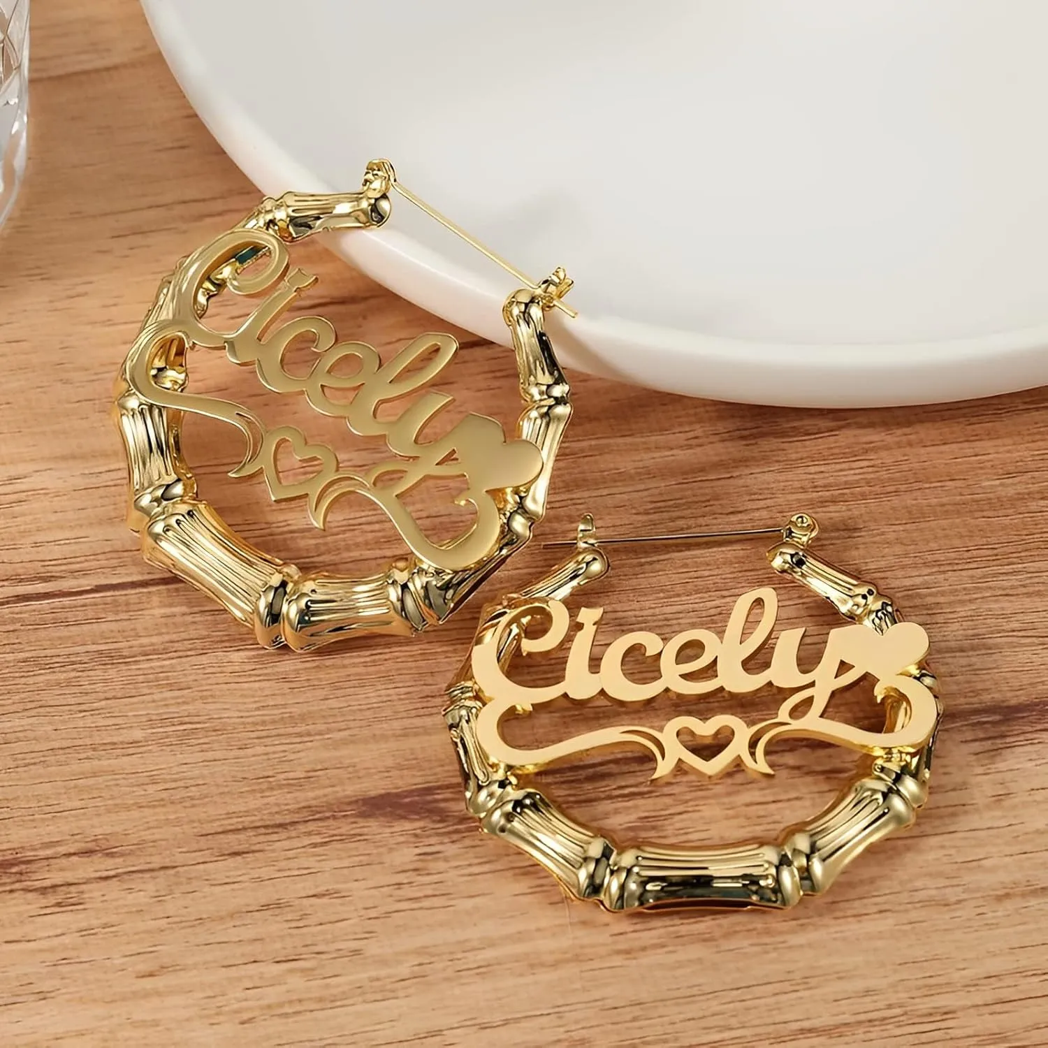 Custom Name Earrings Personalized Bamboo Hoop Earrings 18K Gold Plated Customize Earrings for Women Girls Hip-Hop Fashion Jewelry Gift