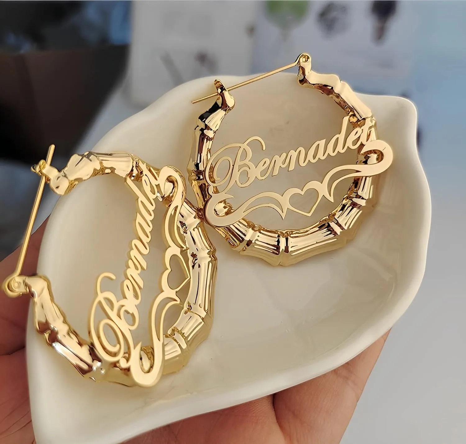 Custom Name Earrings Personalized Bamboo Hoop Earrings 18K Gold Plated Customize Earrings for Women Girls Hip-Hop Fashion Jewelry Gift
