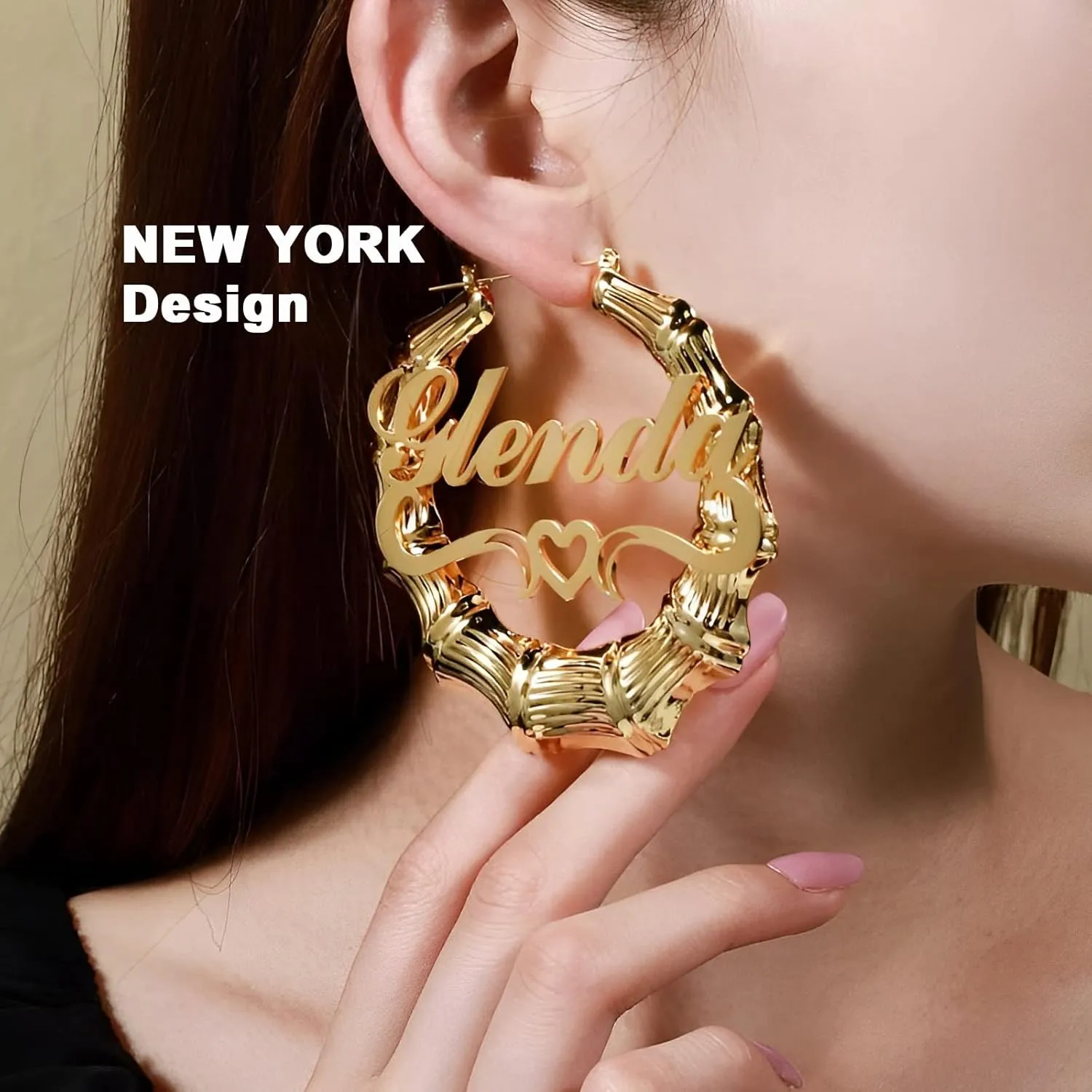Custom Name Earrings Personalized Bamboo Hoop Earrings 18K Gold Plated Customize Earrings for Women Girls Hip-Hop Fashion Jewelry Gift