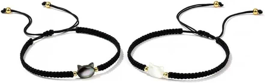 Cute Black and White Cat Woven Bracelets Adjustable Mother of Pearl Jewelry Gift for Couples friend