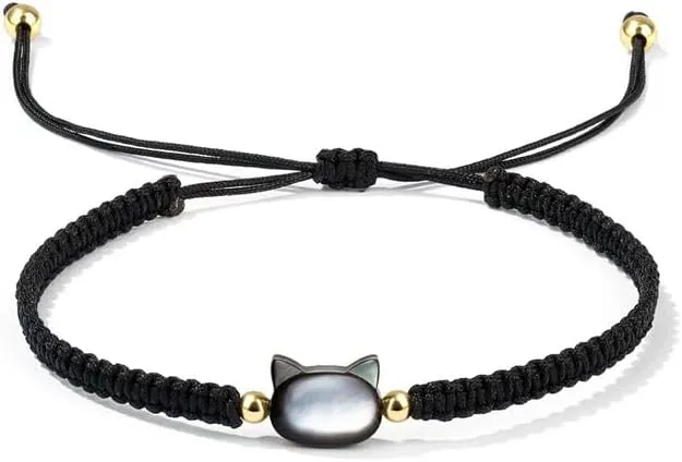 Cute Black and White Cat Woven Bracelets Adjustable Mother of Pearl Jewelry Gift for Couples friend