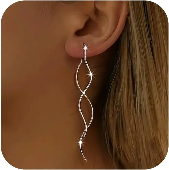 Dainty Double Linear Curved Tassel Earrings for Women 925 Sterling Silver Hypoallergenic Minimalism Twist Threader Drop Dangle Earrings to Daughter Mother Wedding Jewelry Graduation Gift for Her