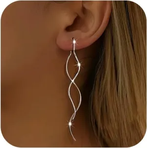 Dainty Double Linear Curved Tassel Earrings for Women 925 Sterling Silver Hypoallergenic Minimalism Twist Threader Drop Dangle Earrings to Daughter Mother Wedding Jewelry Graduation Gift for Her