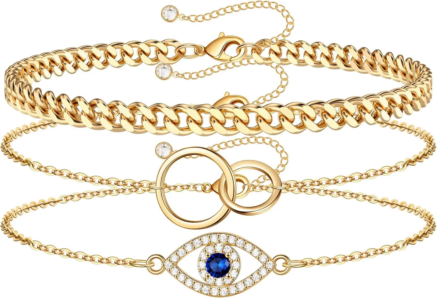 Dainty Layered Evil Eye Bracelets for Women, 14K Gold Filled Adjustable Bead Layering Bracelet Cute CZ Evil Eye Bar Coin Bracelet Gold Layered Paperclip Chain Bracelets for Women Jewelry
