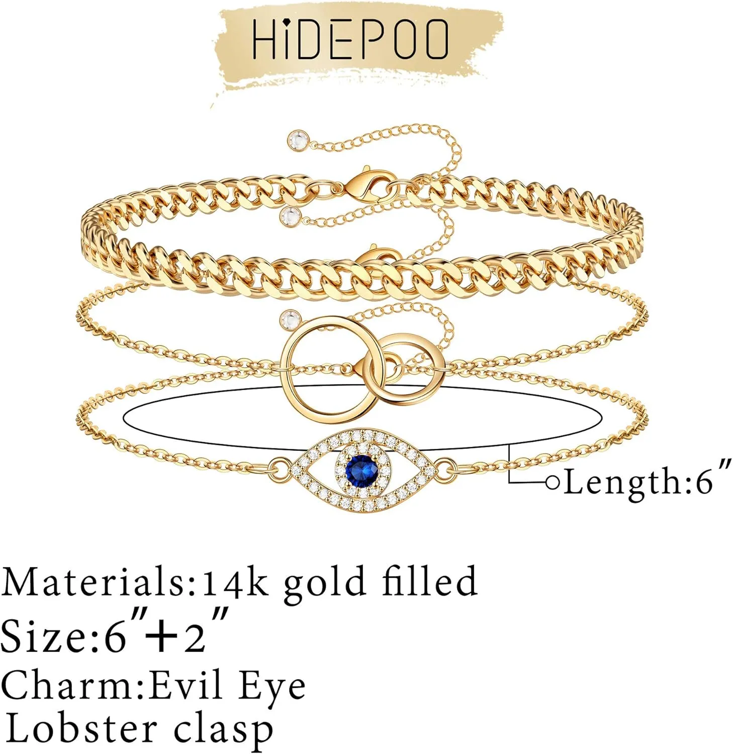 Dainty Layered Evil Eye Bracelets for Women, 14K Gold Filled Adjustable Bead Layering Bracelet Cute CZ Evil Eye Bar Coin Bracelet Gold Layered Paperclip Chain Bracelets for Women Jewelry