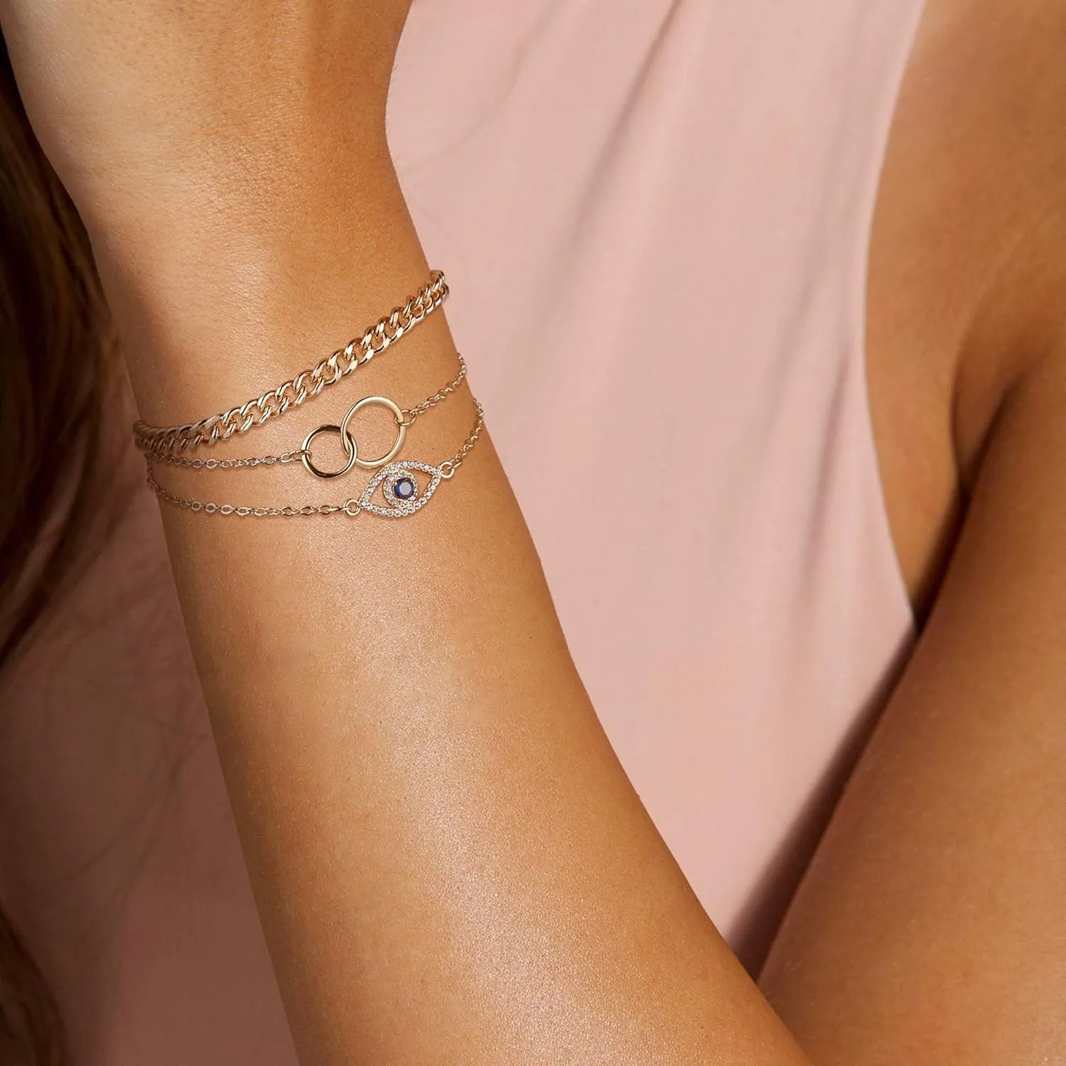 Dainty Layered Evil Eye Bracelets for Women, 14K Gold Filled Adjustable Bead Layering Bracelet Cute CZ Evil Eye Bar Coin Bracelet Gold Layered Paperclip Chain Bracelets for Women Jewelry