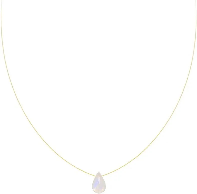 Dainty Tiny Moonstone Teardrop Natural Stone Floating Necklace Invisible Transparent Chain Choker Gift for Female