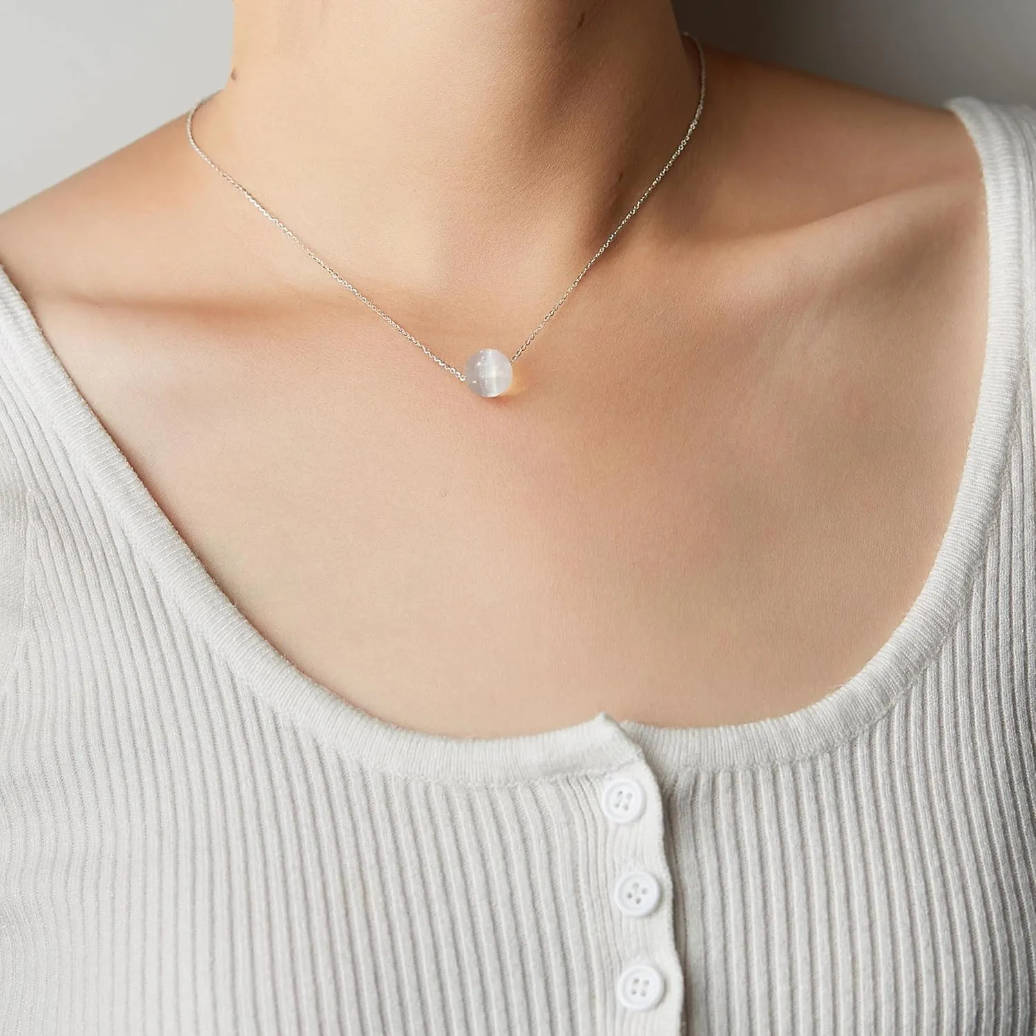 Dainty White Selenite Crystal Pendant 925 Sterling Silver Necklace and Healing Chakra Real Crystal Stone April Birthstone Handmade Choker Necklace Jewelry Gift for Women Young Lady 1 Bead