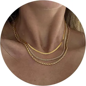 DEARMAY 14K Gold Necklaces for Women, Dainty Gold Herringbone Choker Necklace for Women Thin Layered Chunky Snake Chain Necklaces Jewelry for Teen Gifts