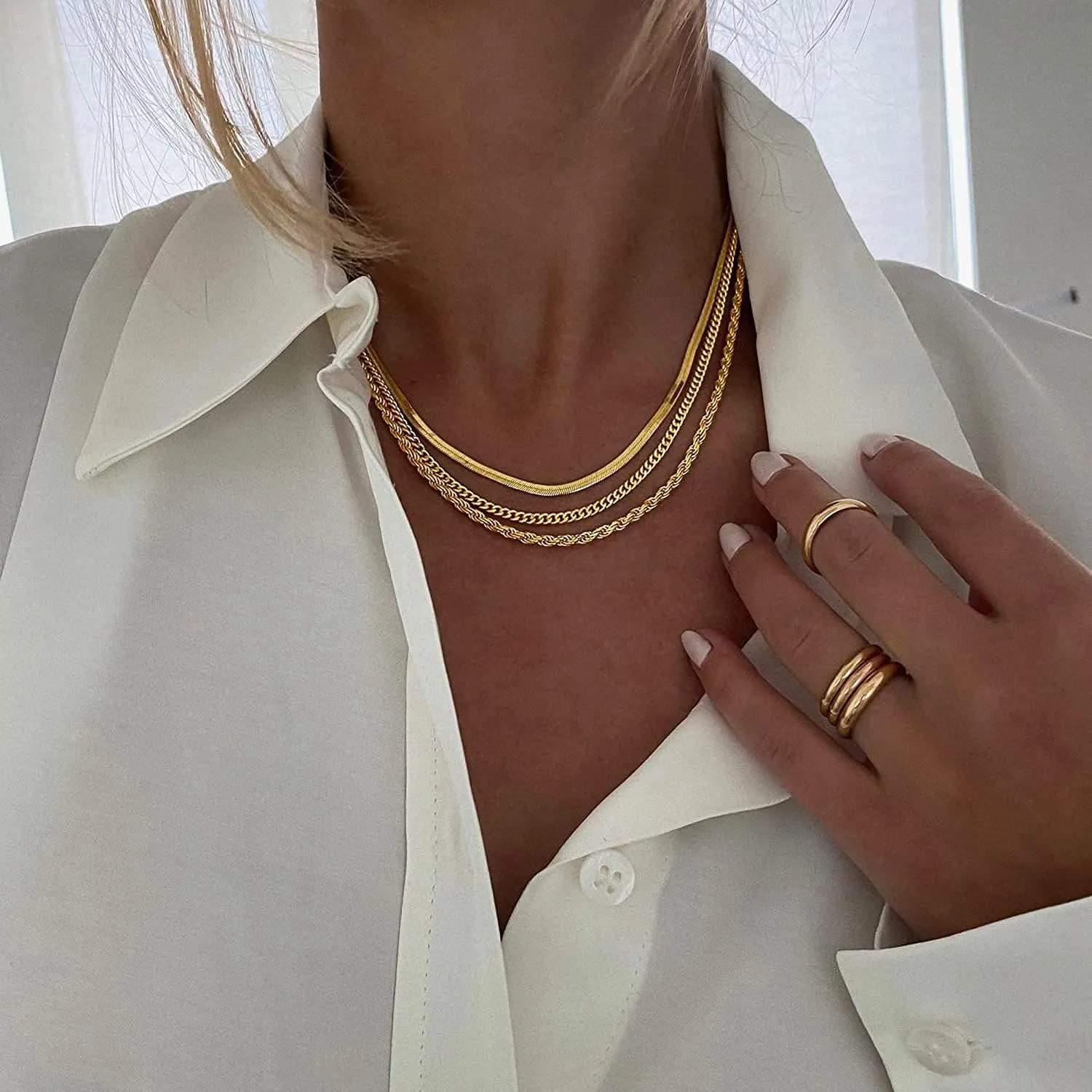 DEARMAY 14K Gold Necklaces for Women, Dainty Gold Herringbone Choker Necklace for Women Thin Layered Chunky Snake Chain Necklaces Jewelry for Teen Gifts