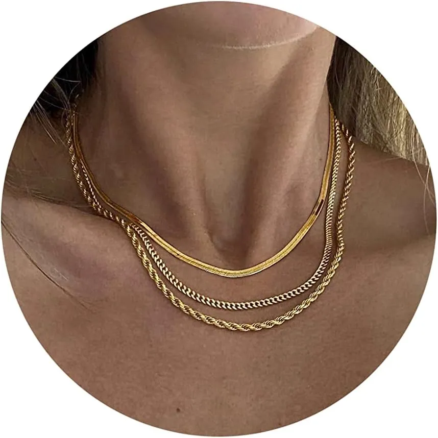 DEARMAY 14K Gold Necklaces for Women, Dainty Gold Herringbone Choker Necklace for Women Thin Layered Chunky Snake Chain Necklaces Jewelry for Teen Gifts