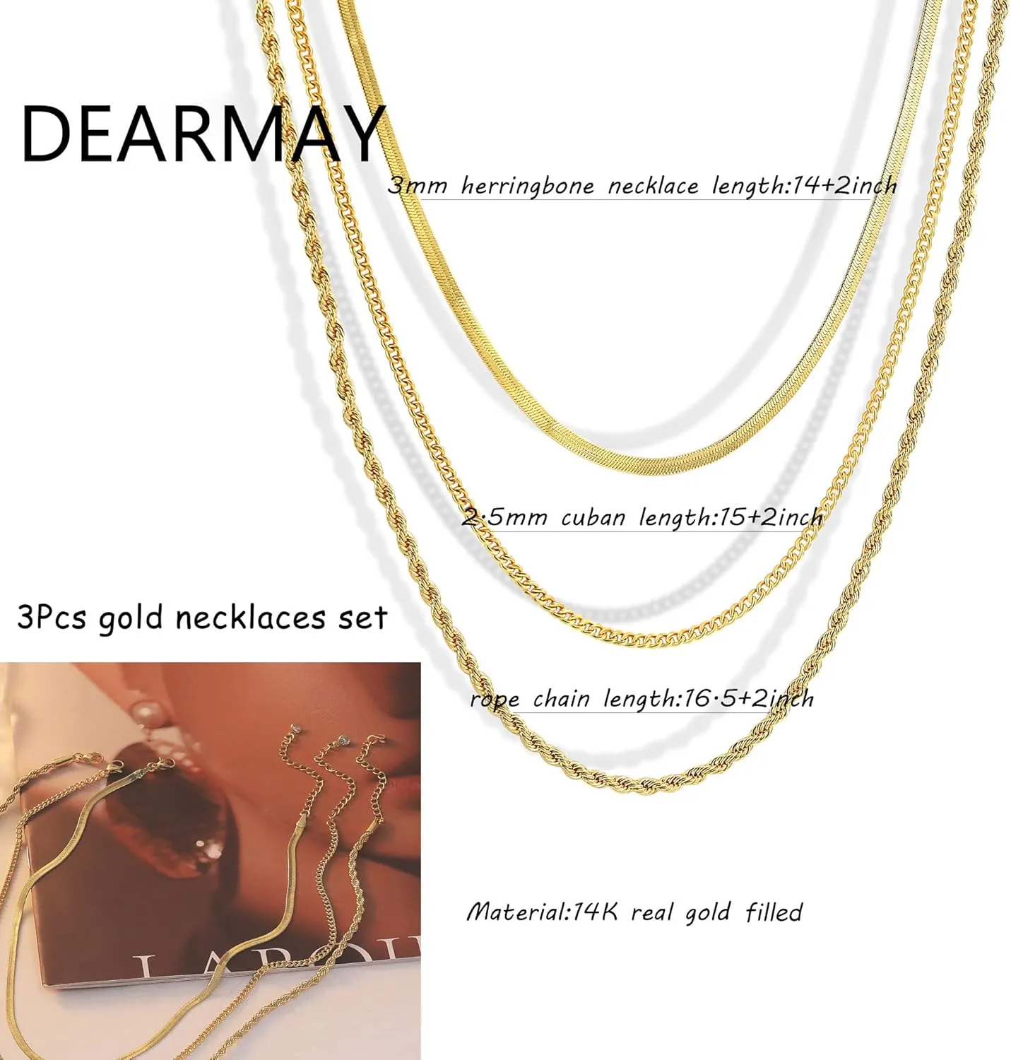 DEARMAY 14K Gold Necklaces for Women, Dainty Gold Herringbone Choker Necklace for Women Thin Layered Chunky Snake Chain Necklaces Jewelry for Teen Gifts