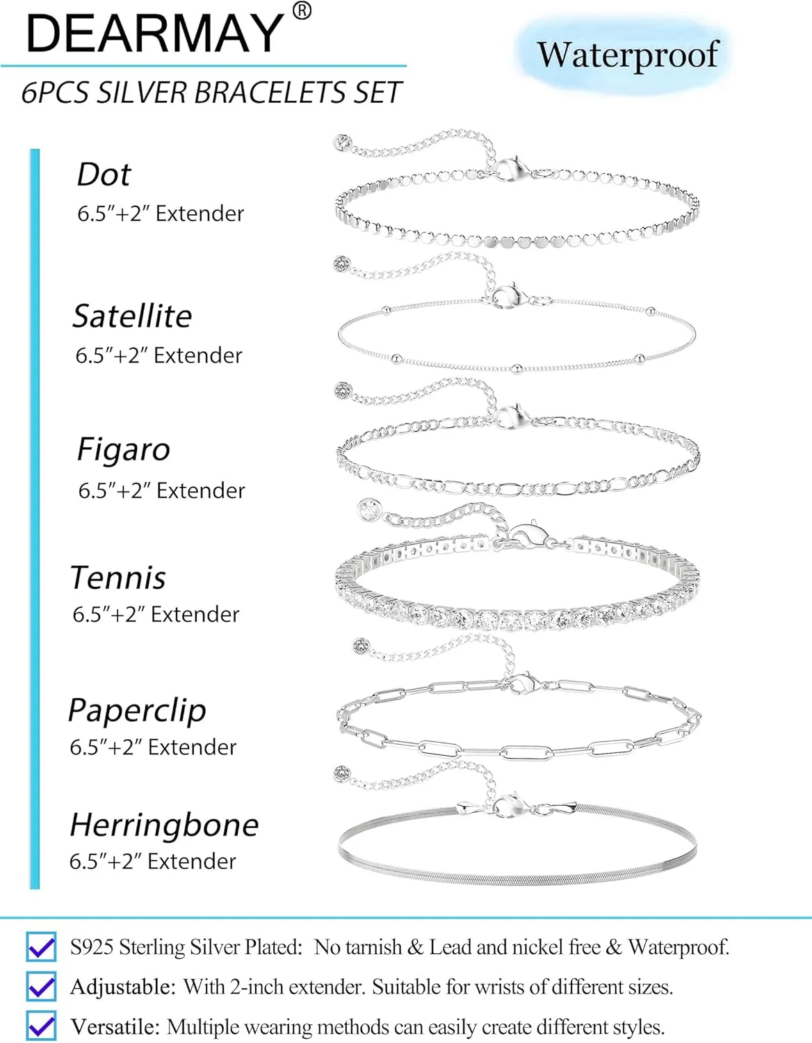 DEARMAY Silver Bracelets Set for Women Trendy, Dainty 925 Sterling Silver Plated Jewelry Fashion Stackable Tennis Beaded Figaro Herringbone Paperclip Link Bracelet Pack Stack Gifts for Women